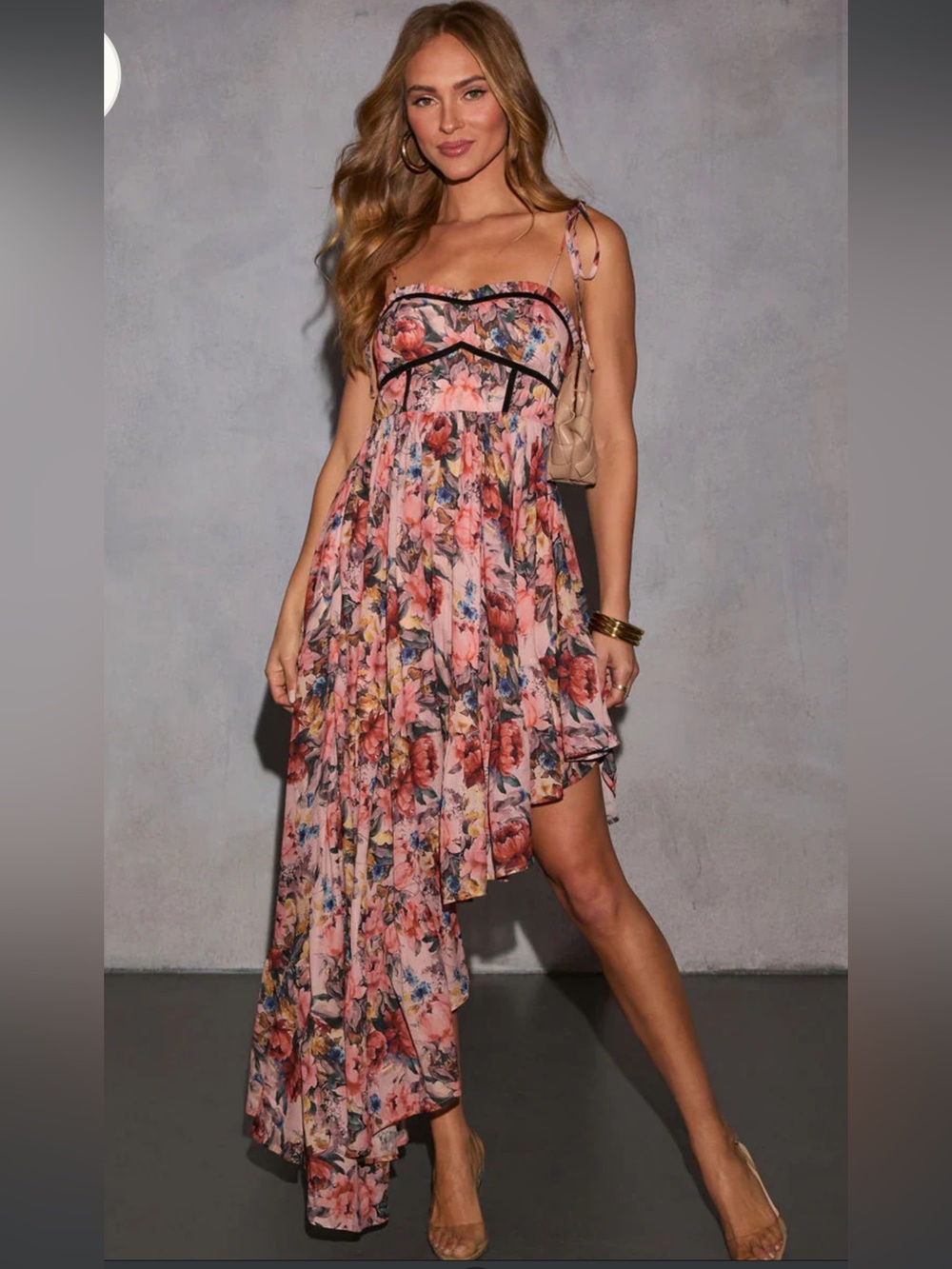 Vici Pink Floral Asymmetrical Strap Sundress